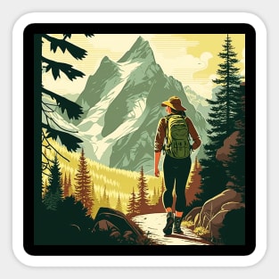 Woman Hiking in Forest Minimal Design, Adventure Mountain Sticker